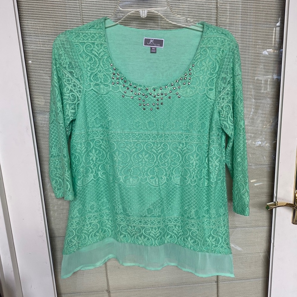 JM Collection Petite Size Petite Small Mint Green Top with Rhinestones